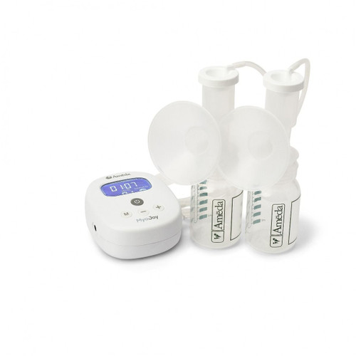 Close-up of Ameda Mya Joy PLUS breast pump 132A05 showing compact size, control panel, and wrist lanyard